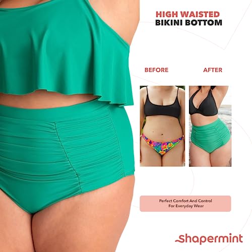 SHAPERMINT Women Ruched High Waisted Black Bikini Bottom Swimsuit, Tummy Control Full Coverage Swimwear, Small to Plus Size - Image 4