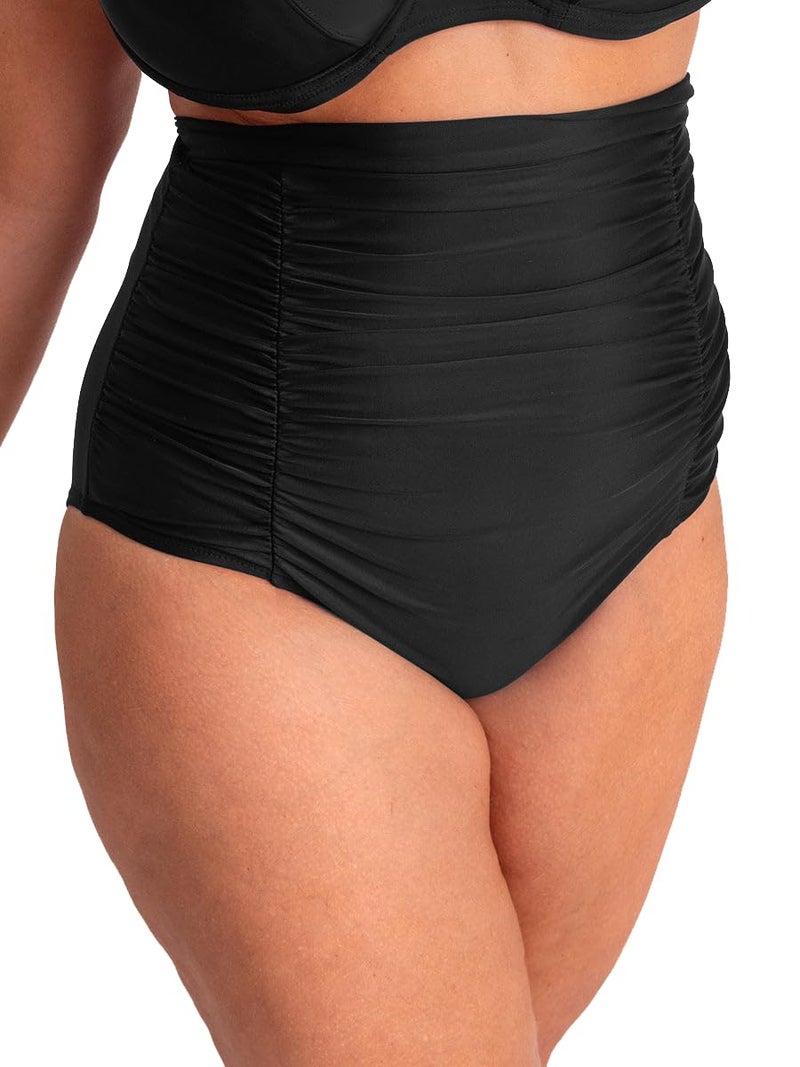 SHAPERMINT Women Ruched High Waisted Black Bikini Bottom Swimsuit, Tummy Control Full Coverage Swimwear, Small to Plus Size - Image 1