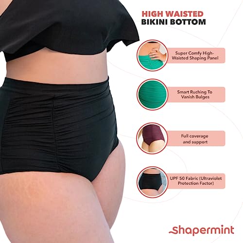 SHAPERMINT Women Ruched High Waisted Black Bikini Bottom Swimsuit, Tummy Control Full Coverage Swimwear, Small to Plus Size - Image 3