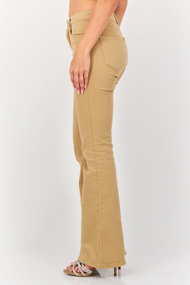 KOTON Women Flared Fit Solid Stretchable Denim, Tan - Image 3