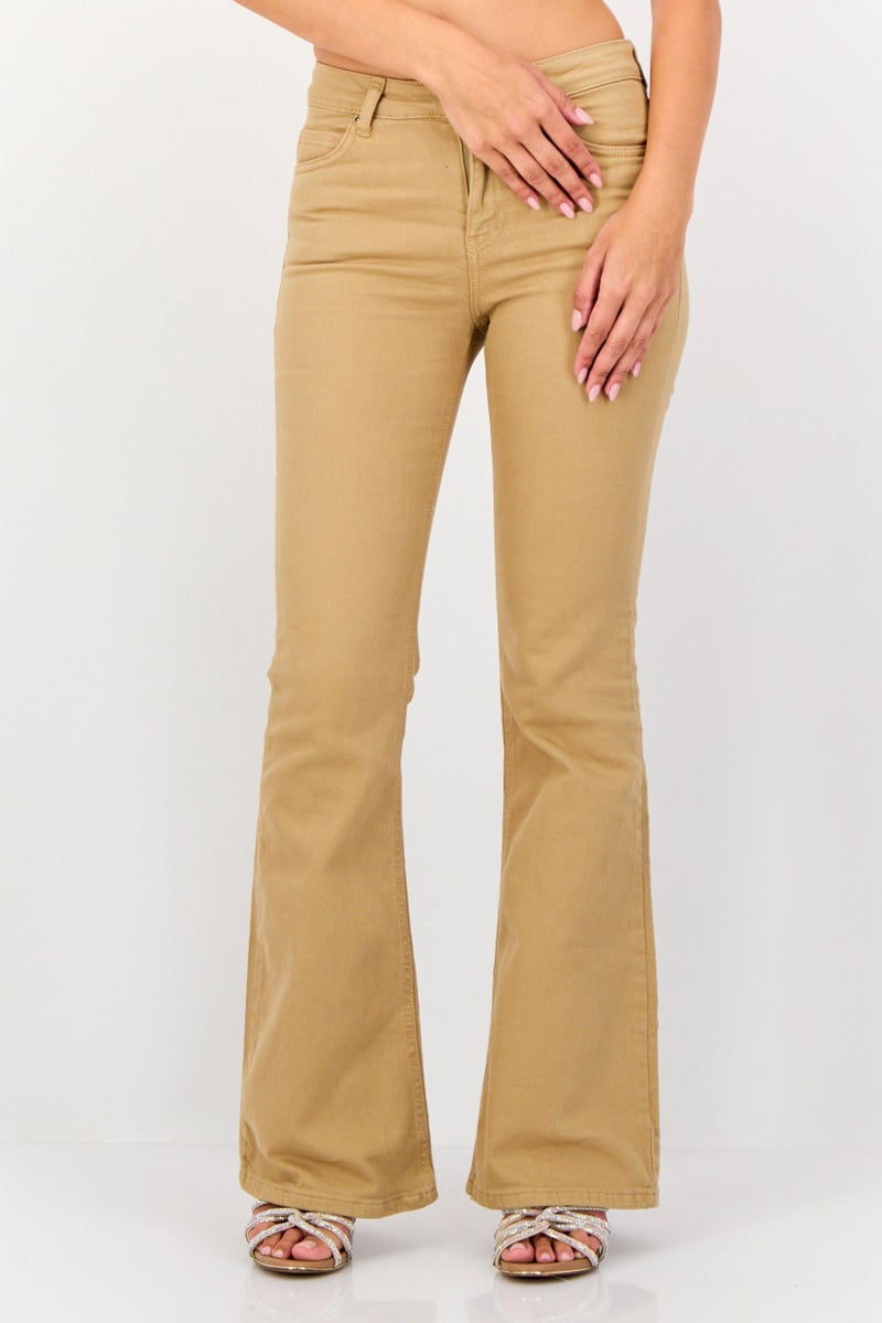 KOTON Women Flared Fit Solid Stretchable Denim, Tan - Image 1