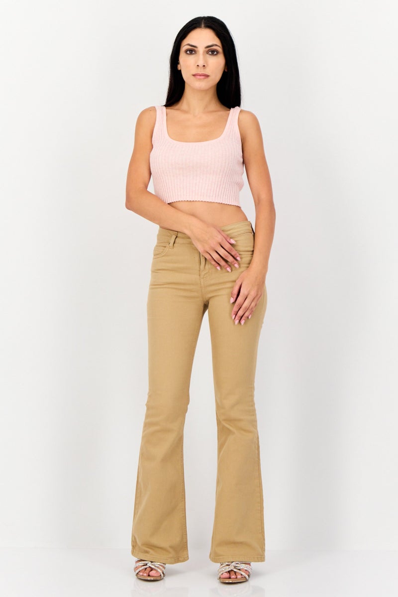 KOTON Women Flared Fit Solid Stretchable Denim, Tan - Image 4