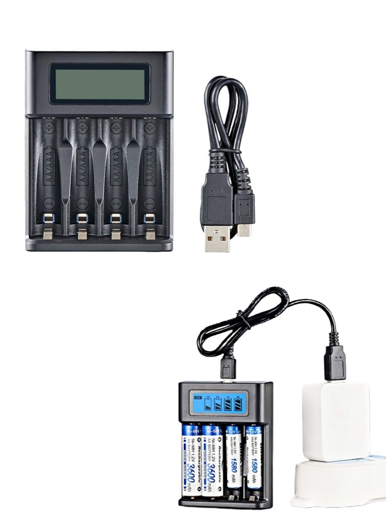 Mini USB AA AAA Battery Charger, 4 Bay, High-Speed Charging, Independent Slots, LCD Display, for Ni-MH Ni-CD Rechargeable Batteries - Image 1