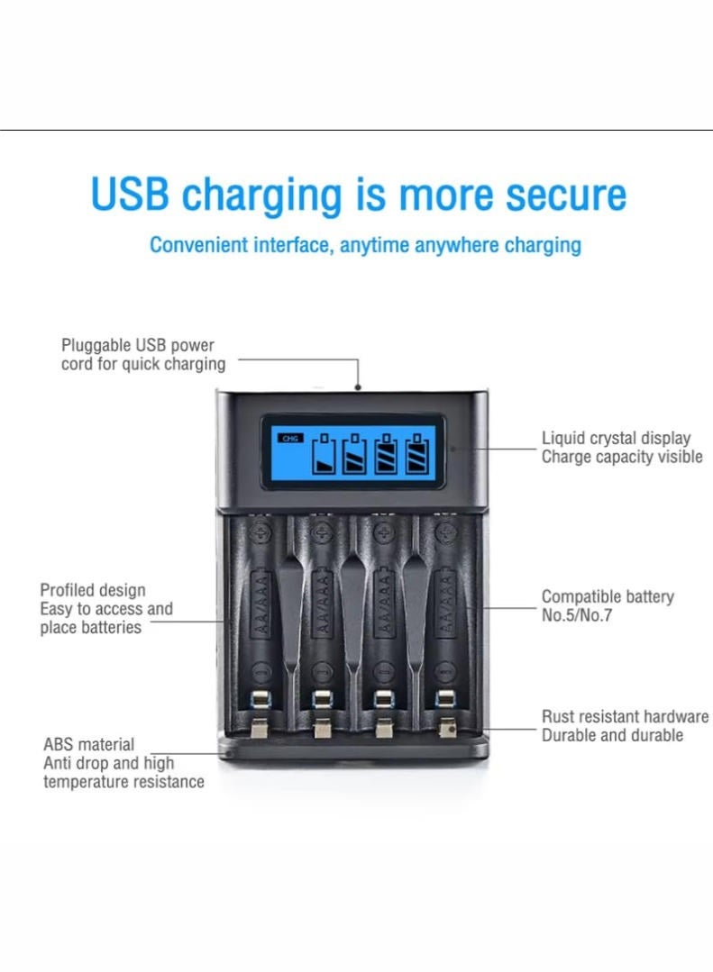 Mini USB AA AAA Battery Charger, 4 Bay, High-Speed Charging, Independent Slots, LCD Display, for Ni-MH Ni-CD Rechargeable Batteries - Image 4