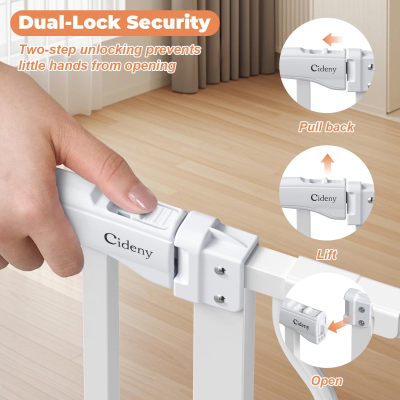 Cideny 34" Extra Tall Baby Gate for Stairs, Auto Close Stroller Friendly Dog Gate Indoor for Doorways, Pressure Mounted 29"-45" Wide Baby Gate, Easy Walk Through Gate for Children & Pets, White - Image 5