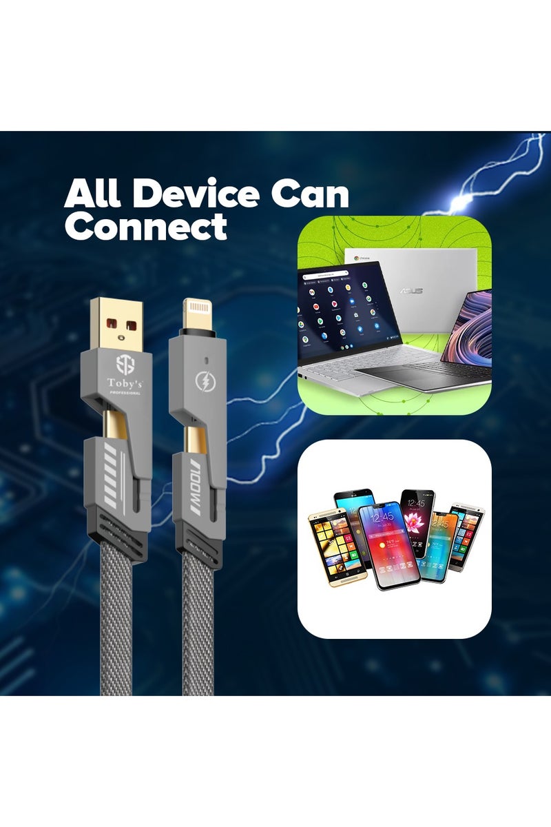 توبيز كابل شحن سريع 4 في 1 من توبـي CC-07، طاقة 200 واط، رمادي، بطول 1.2 متر، مضفر نايلون، إخراج Type-C وLightning - Image 4