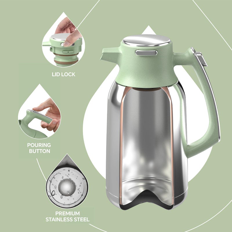 IDEUS Thermal Coffee Carafe 68oz (2,000ml), Stainless Steel Double Wall Insulated Vacuum Flask, Water Jug Coffee Server and Beverage Dispenser, Heat and Cold Retention (Avocado, 68oz (2,000ml)) - Image 3