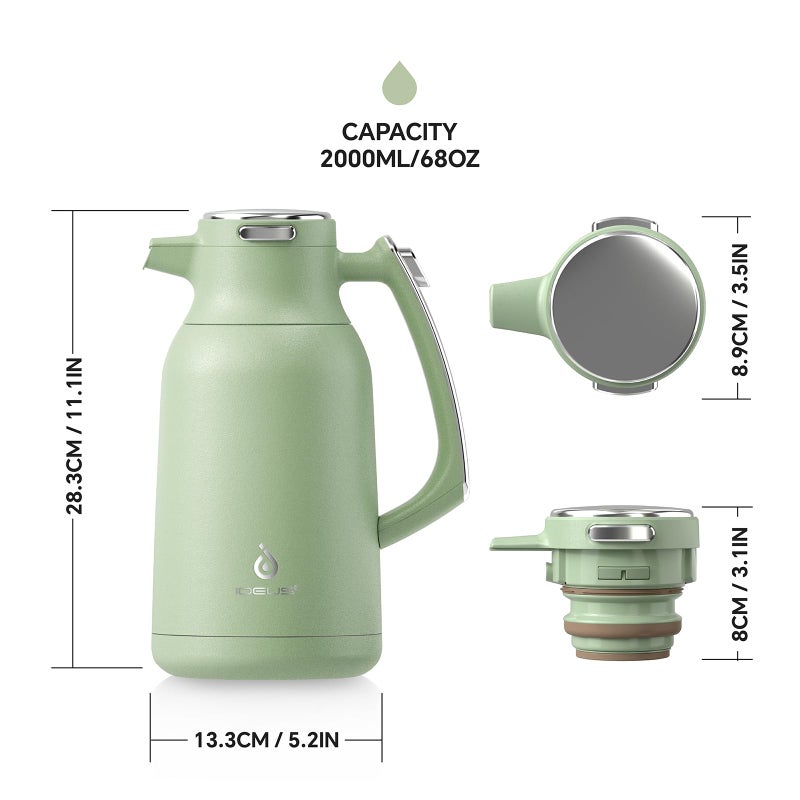 IDEUS Thermal Coffee Carafe 68oz (2,000ml), Stainless Steel Double Wall Insulated Vacuum Flask, Water Jug Coffee Server and Beverage Dispenser, Heat and Cold Retention (Avocado, 68oz (2,000ml)) - Image 5