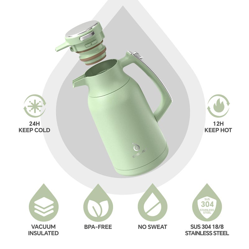 IDEUS Thermal Coffee Carafe 68oz (2,000ml), Stainless Steel Double Wall Insulated Vacuum Flask, Water Jug Coffee Server and Beverage Dispenser, Heat and Cold Retention (Avocado, 68oz (2,000ml)) - Image 2