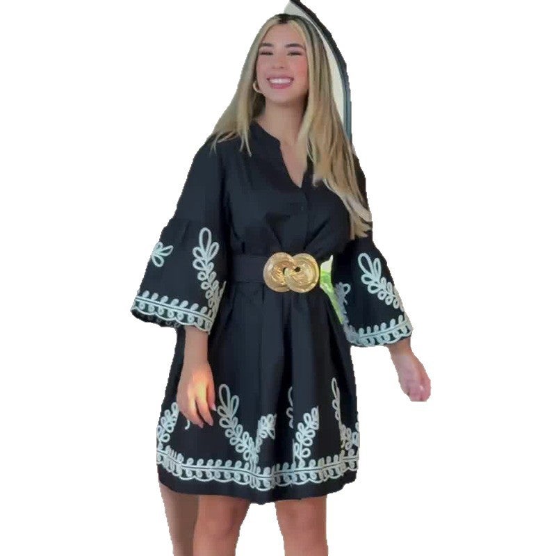 Women'S Clothing Three-Quarter Sleeve Printed Black Casual Waist-Cinching Dress - Image 5