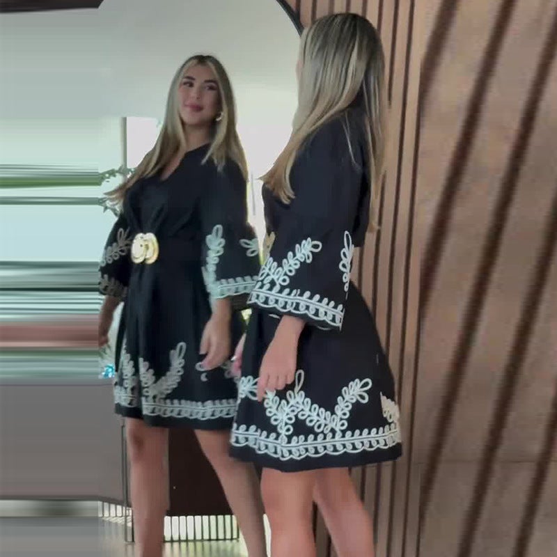 Women'S Clothing Three-Quarter Sleeve Printed Black Casual Waist-Cinching Dress - Image 3