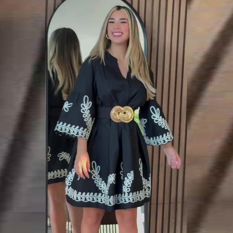 Women'S Clothing Three-Quarter Sleeve Printed Black Casual Waist-Cinching Dress - Image 1