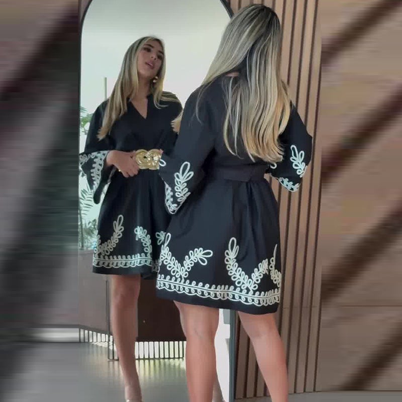 Women'S Clothing Three-Quarter Sleeve Printed Black Casual Waist-Cinching Dress - Image 4