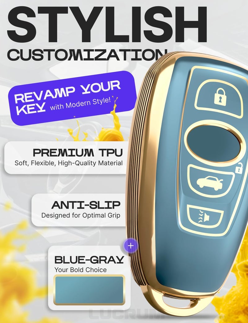 Lucrum Compatible with Subaru Key Fob Cover & Keychain, TPU Keyfob Case for Outback Crosstrek Forester Impreza Legacy STI WRX (2016-2025) - Blue and Gold - Image 3