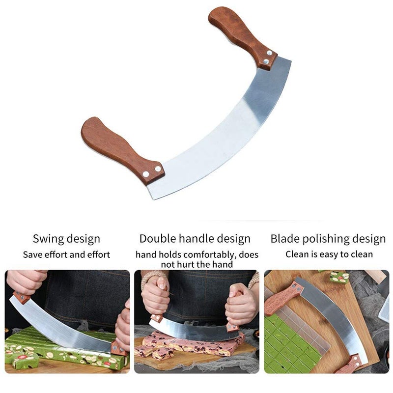 we3 Swing Knife Practical Stainless Steel Double Wooden Handle Vegetable Herb Pizza Cutter Home Knife Kitchen Nougat Cutting Tool Chopper - Image 3