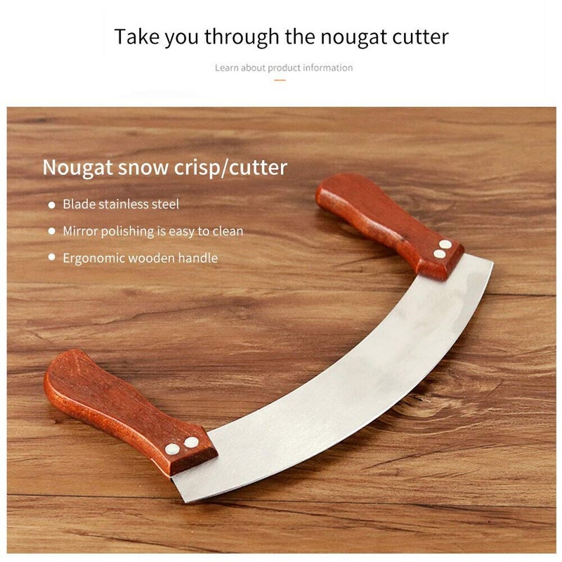 we3 Swing Knife Practical Stainless Steel Double Wooden Handle Vegetable Herb Pizza Cutter Home Knife Kitchen Nougat Cutting Tool Chopper - Image 5