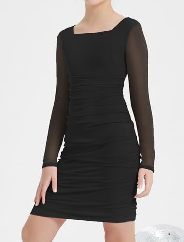 EXARUS Girls Formal Black Long Sleeve Bodycon Dress Teen Tween Party Homecoming Dance Prom Ruched Short Fitted Black 10 Years - Image 2