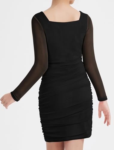 EXARUS Girls Formal Black Long Sleeve Bodycon Dress Teen Tween Party Homecoming Dance Prom Ruched Short Fitted Black 10 Years - Image 3