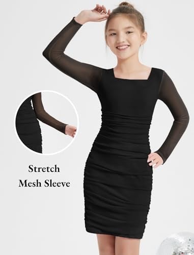 EXARUS Girls Formal Black Long Sleeve Bodycon Dress Teen Tween Party Homecoming Dance Prom Ruched Short Fitted Black 10 Years - Image 5