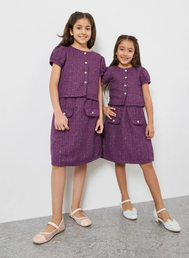 Styli Girls Purple Tweed Top and Skirt Set