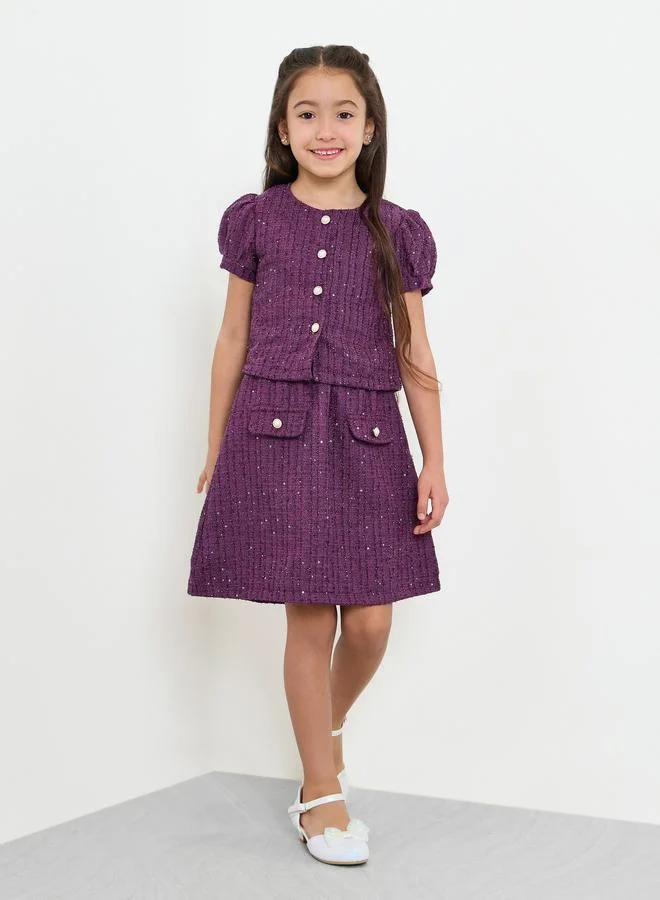 Styli Girls Purple Tweed Top and Skirt Set