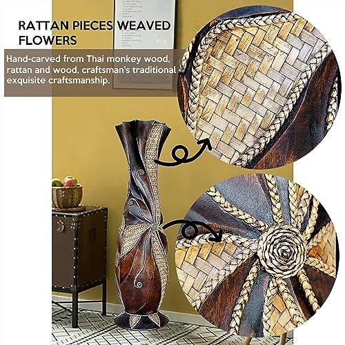 POPGRAT Tall Floor Vase, 24'' Designed Handcrafted Wood Decorative Large Brown Vases with Weaving Bamboo Strips, Wide Mouth Opening Corner Vase for Living Room Home Decor, Pampas Grass, Hallway - Image 3