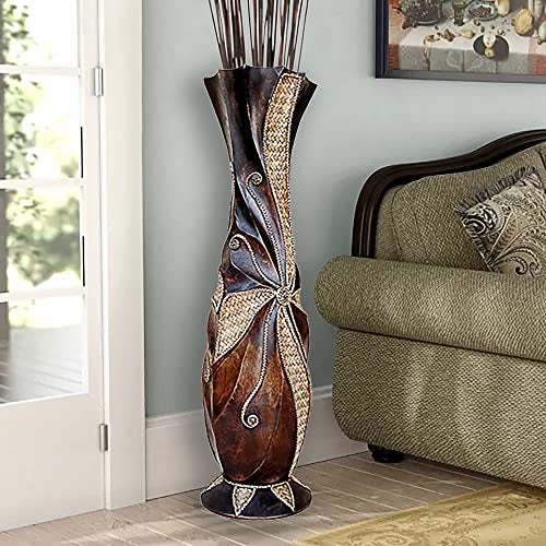 POPGRAT Tall Floor Vase, 24'' Designed Handcrafted Wood Decorative Large Brown Vases with Weaving Bamboo Strips, Wide Mouth Opening Corner Vase for Living Room Home Decor, Pampas Grass, Hallway - Image 5