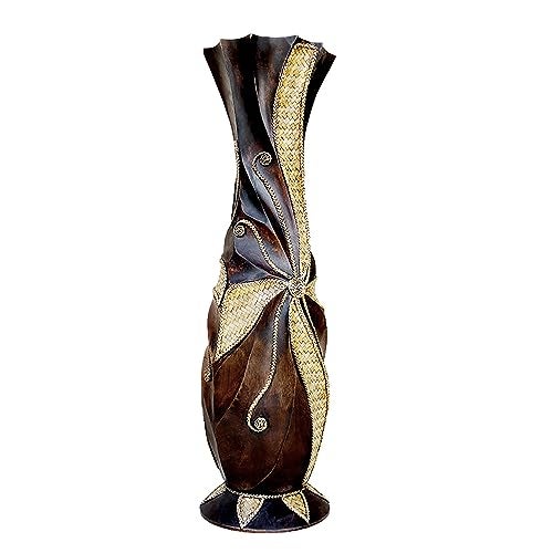 POPGRAT Tall Floor Vase, 24'' Designed Handcrafted Wood Decorative Large Brown Vases with Weaving Bamboo Strips, Wide Mouth Opening Corner Vase for Living Room Home Decor, Pampas Grass, Hallway - Image 1