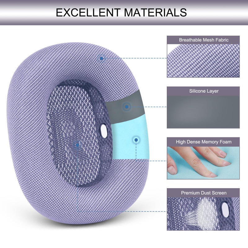 GEVO Upgraded Ear Cushions Replacement Earpads for 2024 New Apple AirPods Max Headphones, Mesh Fabric Ear Pads Cover with Memory Foam and Magnet for AirPods Max Fresh Color (Purple) - Image 4