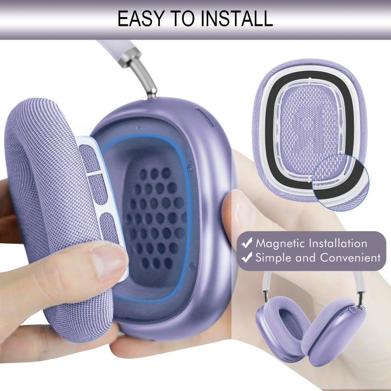 GEVO Upgraded Ear Cushions Replacement Earpads for 2024 New Apple AirPods Max Headphones, Mesh Fabric Ear Pads Cover with Memory Foam and Magnet for AirPods Max Fresh Color (Purple) - Image 3