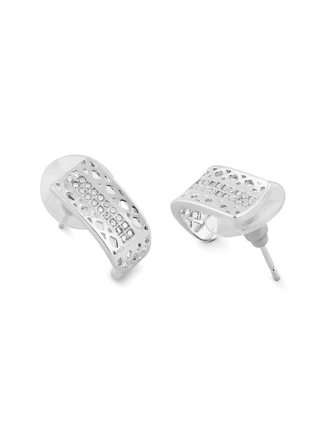 Ami Silver Tone Contemporary Cubic Zirconia Bling Brass Stud Earring For Women-ZPFK19883 - Image 4
