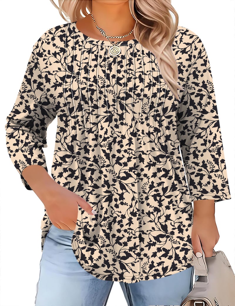 TFSDOD Plus Size Boho Tops for Women 3/4 Length Sleeve Womens Tops Blouses for Women Spring Blouses Trendy Crew Neck - Image 1