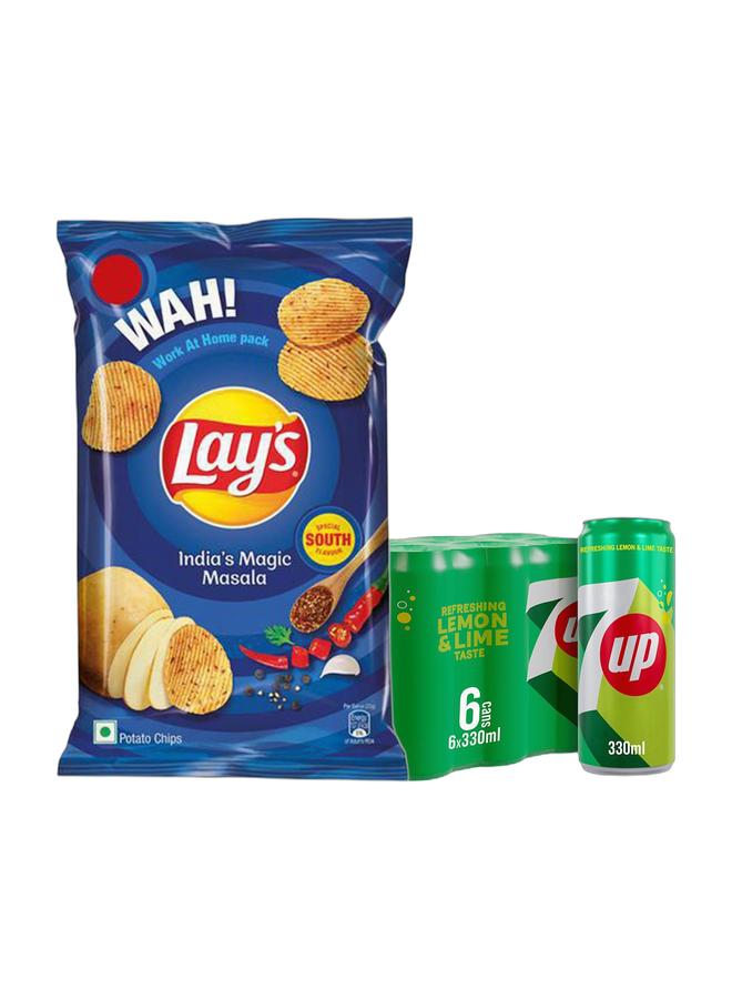 Mountain Dew Lay's India's Magic Masala Chips 80grams + Mountain Dew Carbonated Soft Drink Cans 330ml Pack of 6