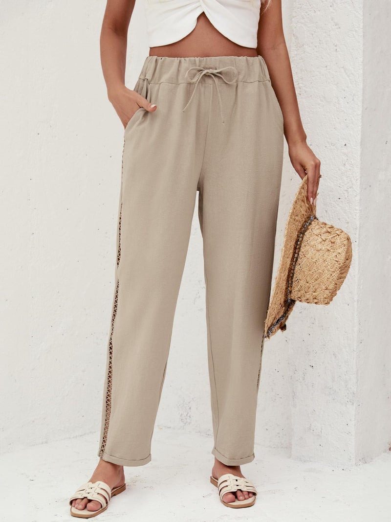 Puimentiua Women's Linen Capri Pants with Drawstring Petite Summer Beachwear Lightweight Elastic Waist Pants, Khaki, L - Image 4