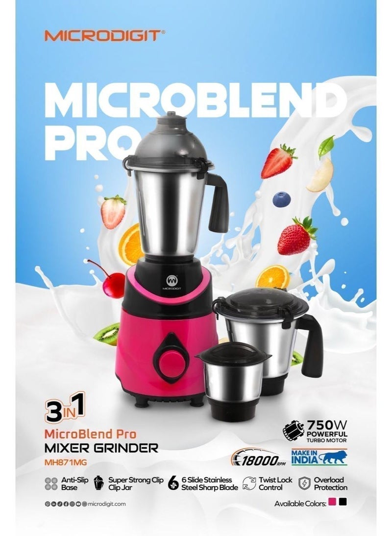 Microdigit 3-In-1 Mixer Grinder &Juicer Blender Made In India 1.5 L 750.0 W MH871MG Black/Pink - Image 5