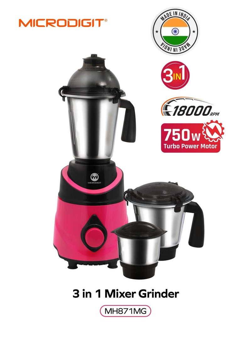 Microdigit 3-In-1 Mixer Grinder &Juicer Blender Made In India 1.5 L 750.0 W MH871MG Black/Pink - Image 1