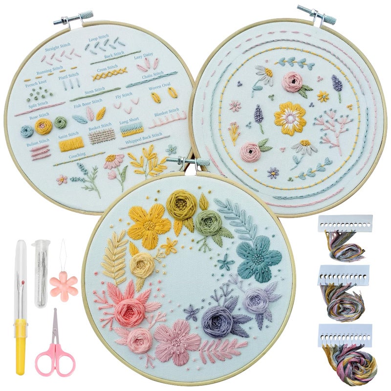 Samesuit Embroidery Kit,3 Pack Embroidery Kit for Beginners With Step by Step Learn 22 Different Stitches from Instruction & Video,Stamped Embroidery Patterns,Hand Embroidery Kit for Adult, Stitches Kit - Image 1