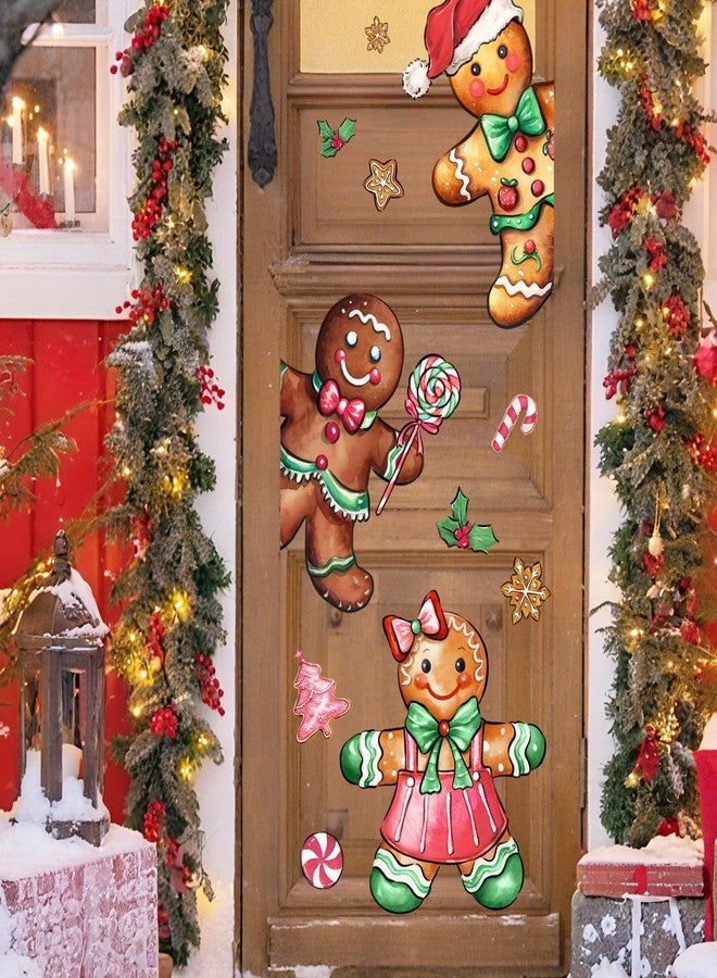 Mfault Christmas Gingerbread Man Door Stickers, Pink Xmas Tree Cookies Holly Berries Peppermint Candy Removable Decals Decorations, Winter Holiday Home Decor for Refrigerator Wall Window - Image 3