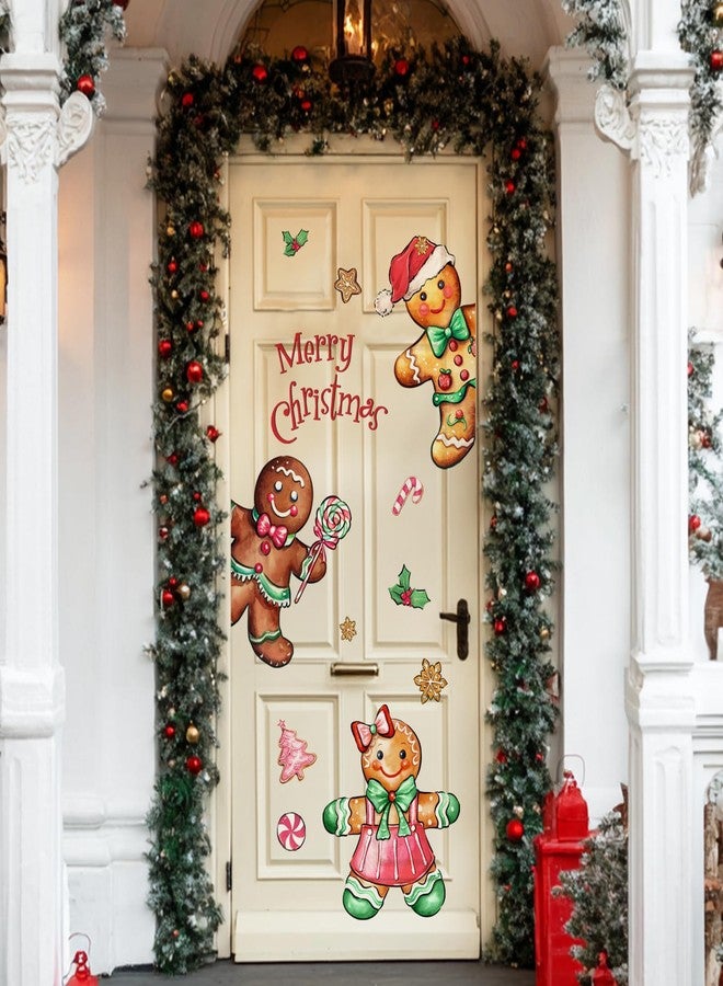 Mfault Christmas Gingerbread Man Door Stickers, Pink Xmas Tree Cookies Holly Berries Peppermint Candy Removable Decals Decorations, Winter Holiday Home Decor for Refrigerator Wall Window - Image 1