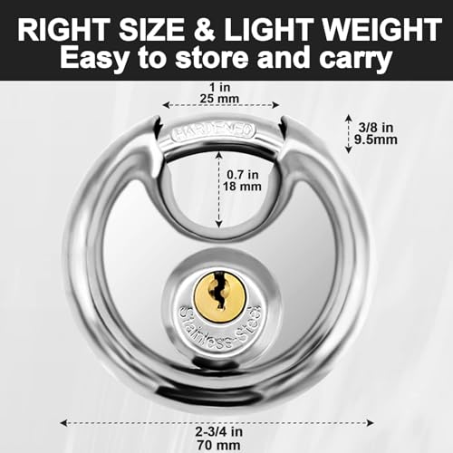 Vervida® Keyed Padlock Stainless Steel Disc Lock with 3 Keys, 3/8 Inch Shackle 70mm, Heavy Duty Lock Outdoor Waterproof Storage Lock for Warehouse, Garage, Storage Locker, and Outdoors (1 Pack) - Image 3