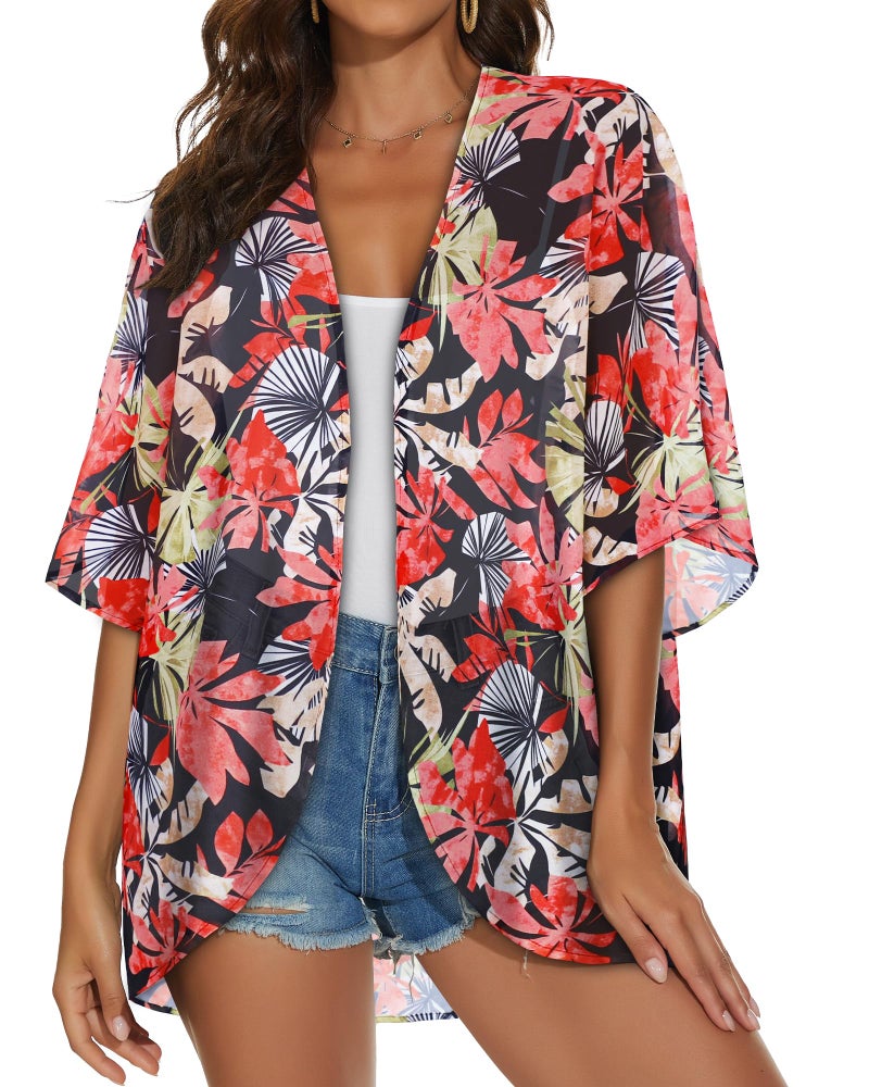 JILUVIN Womens Kimono Cardigans Beach Cover ups Swimwear Puff Sleeve Loose Casual Summer Tops (Light Red Leaves, L) - Image 2
