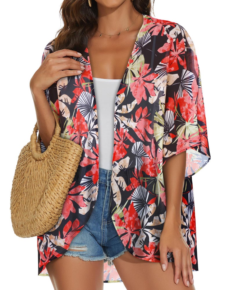 JILUVIN Womens Kimono Cardigans Beach Cover ups Swimwear Puff Sleeve Loose Casual Summer Tops (Light Red Leaves, L) - Image 3