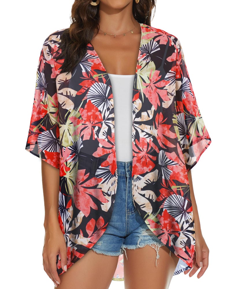 JILUVIN Womens Kimono Cardigans Beach Cover ups Swimwear Puff Sleeve Loose Casual Summer Tops (Light Red Leaves, L) - Image 5
