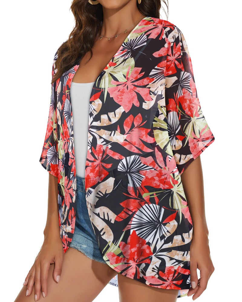JILUVIN Womens Kimono Cardigans Beach Cover ups Swimwear Puff Sleeve Loose Casual Summer Tops (Light Red Leaves, L) - Image 4