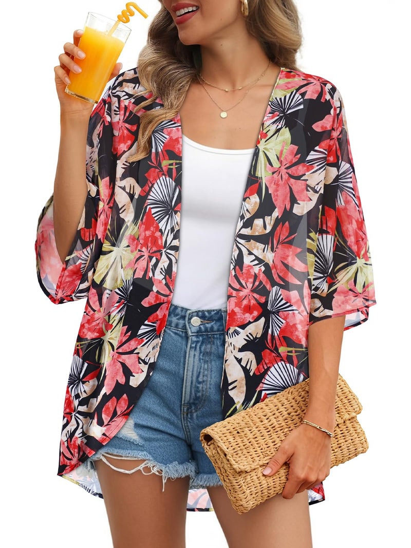 JILUVIN Womens Kimono Cardigans Beach Cover ups Swimwear Puff Sleeve Loose Casual Summer Tops (Light Red Leaves, L) - Image 1