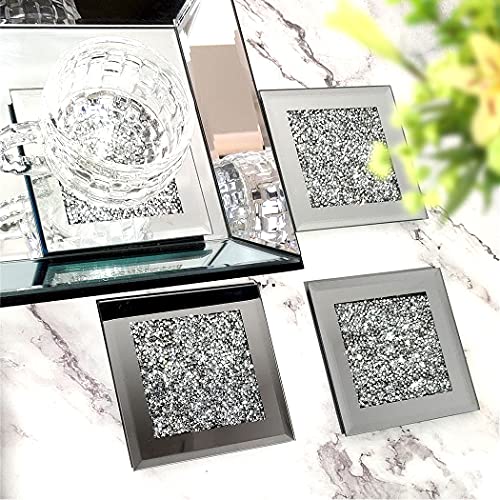 GIMORRTO Glass Mirrored Coaster 4 PC, Crushed Diamond Square Cup Mat 4" Decor on Tabletop for Bar Tools Dining Table - Image 2
