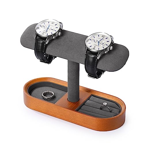 Oirlv Solid Wood Watch Stand Tbar Watch Holder Organizer for Men and Women Showcase Bracelet Bangle Jewelry Display Stand Rings Earrings Necklace StorageGrey - Image 1