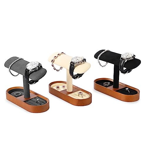 Oirlv Solid Wood Watch Stand Tbar Watch Holder Organizer for Men and Women Showcase Bracelet Bangle Jewelry Display Stand Rings Earrings Necklace StorageGrey - Image 3