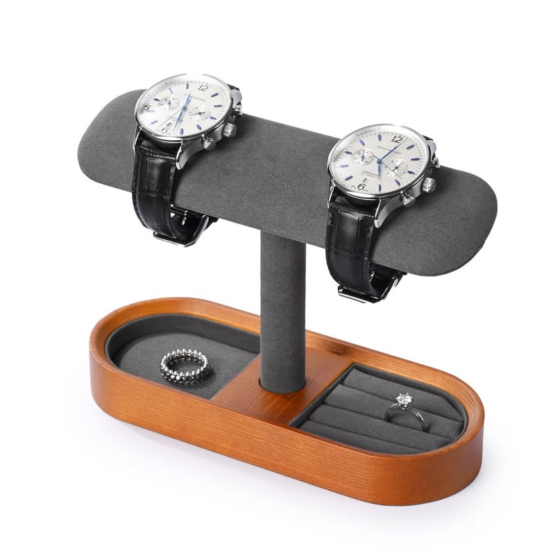 Oirlv Solid Wood Watch Stand Tbar Watch Holder Organizer for Men and Women Showcase Bracelet Bangle Jewelry Display Stand Rings Earrings Necklace StorageGrey - Image 2