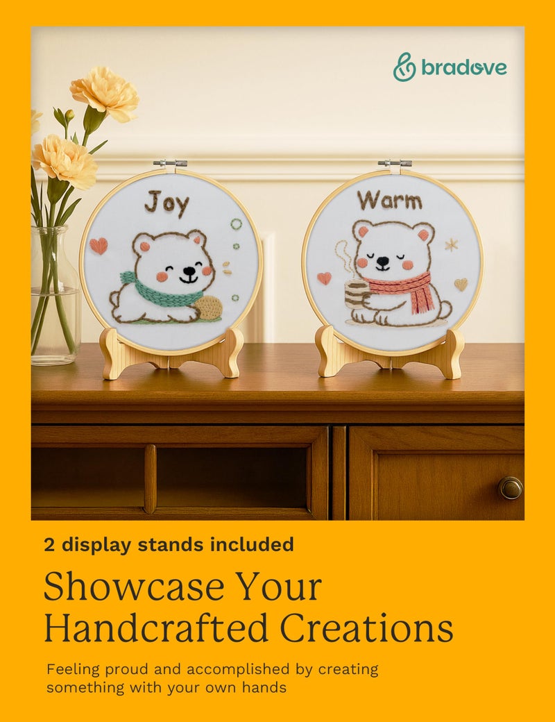 Bradove Embroidery Kit for Kids and Adults, Bears Embroidery Kit for Beginners, Easy Needlepoint Starter Kit with 2 Display Stands - Image 5